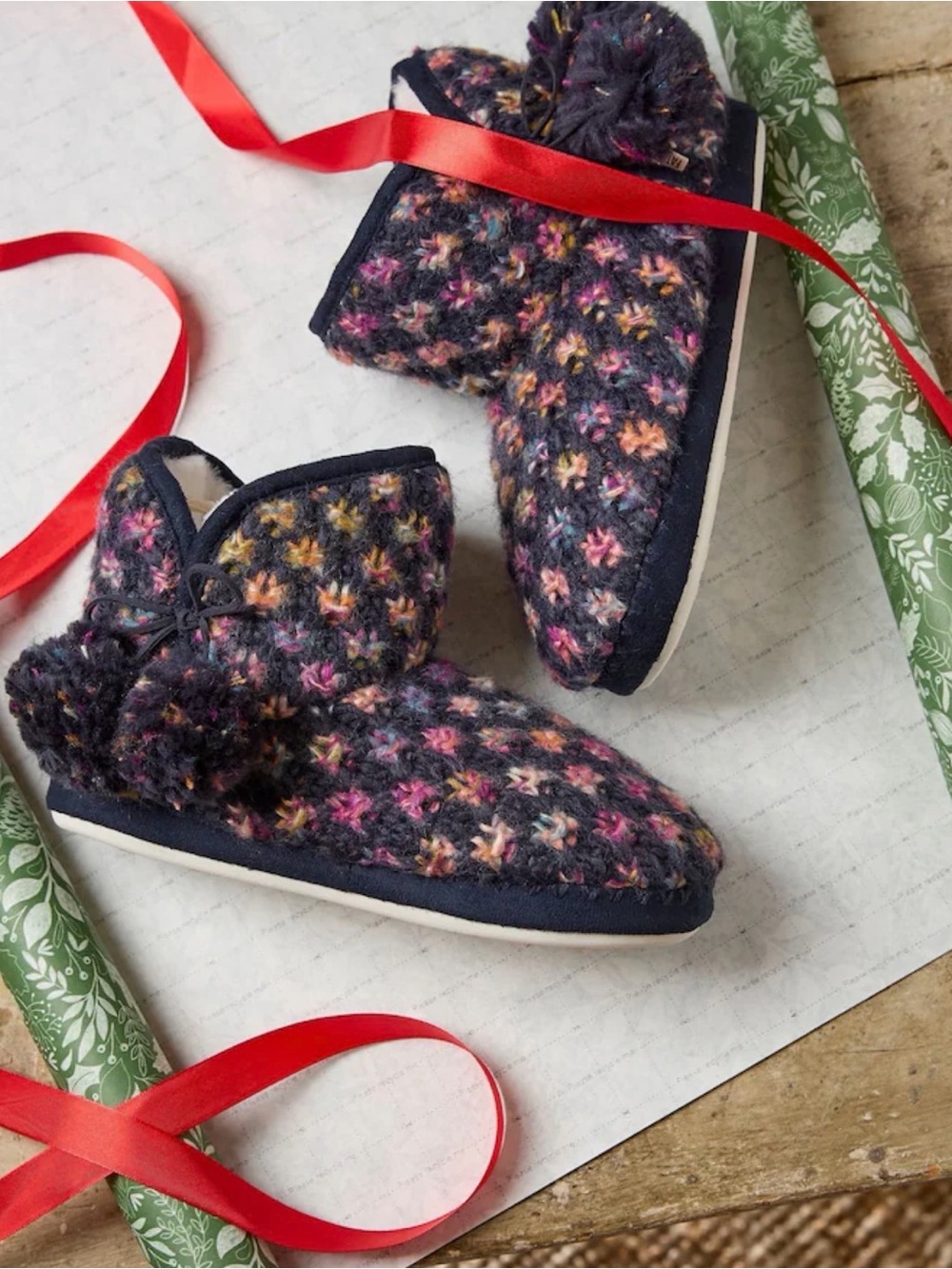 FatFace Navy Knit Pom-Pom Indoor Bootie with Multicolor Flecks